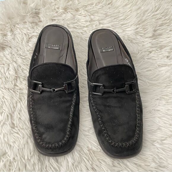 Stuart Weitzman Black Suede Heeled Mules Slip On Buckle Accent sz‎ 7.5 B - Picture 1 of 7
